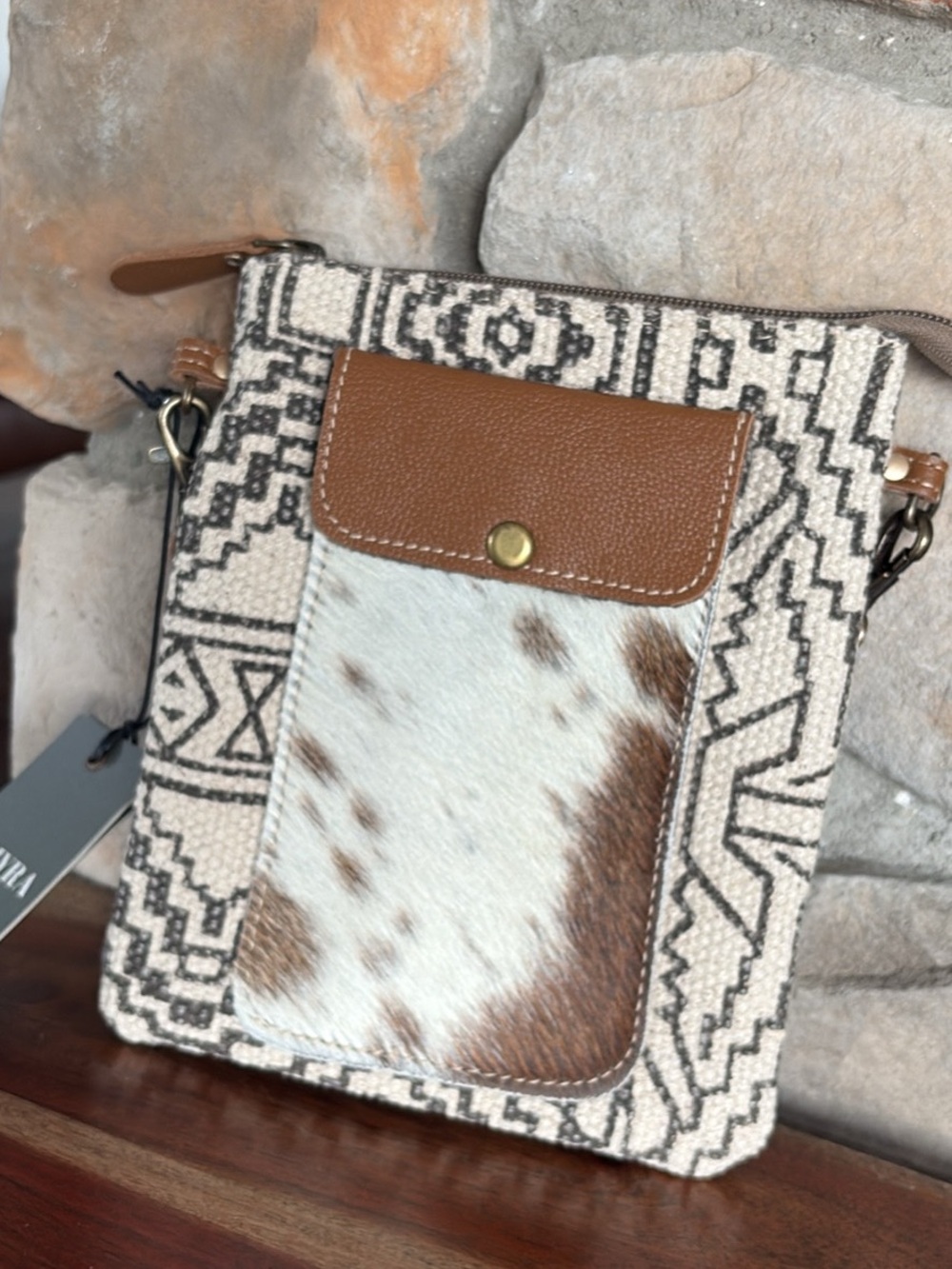 Myra Boho Neutral Canvas Crossbody with Cowhide Pocket